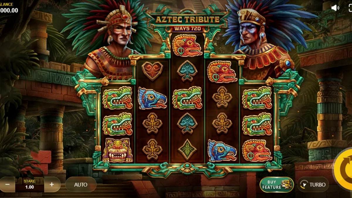 Tampilan antarmuka permainan slot Aztec Tribute di layar ponsel pintar